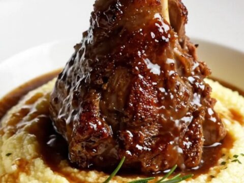 Fork-tender braised lamb shank on creamy polenta with glossy rosemary jus