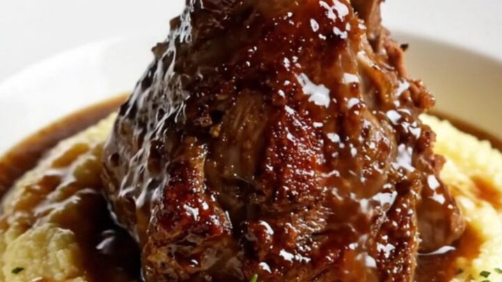 Fork-tender braised lamb shank on creamy polenta with glossy rosemary jus