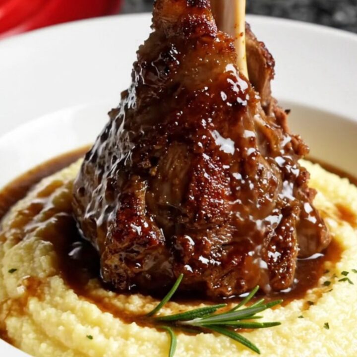 Fork-tender braised lamb shank on creamy polenta with glossy rosemary jus