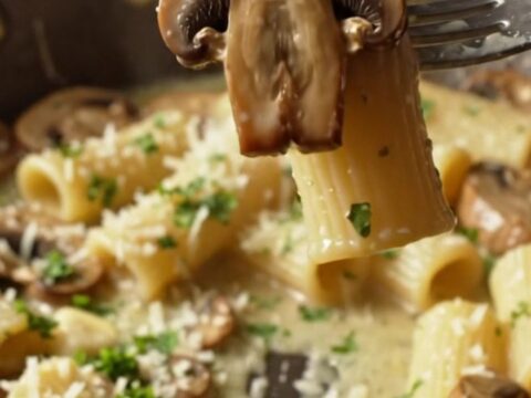 Creamy Boursin mushroom pasta in a skillet, with rigatoni coated in a herb-speckled sauce and golden mushrooms.