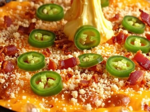 Golden crostini scooping creamy jalapeño popper dip with melted cheese pull