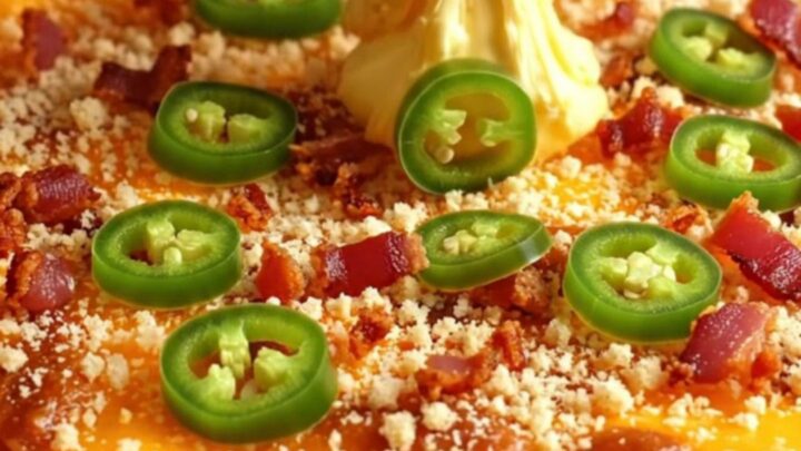 Golden crostini scooping creamy jalapeño popper dip with melted cheese pull