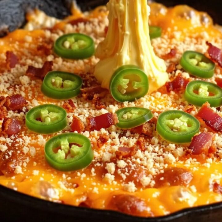 Golden crostini scooping creamy jalapeño popper dip with melted cheese pull