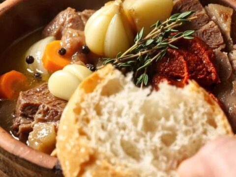 Slow-braised lamb neck stew in a terracotta dish, with garlic cloves and carrots in a glossy broth