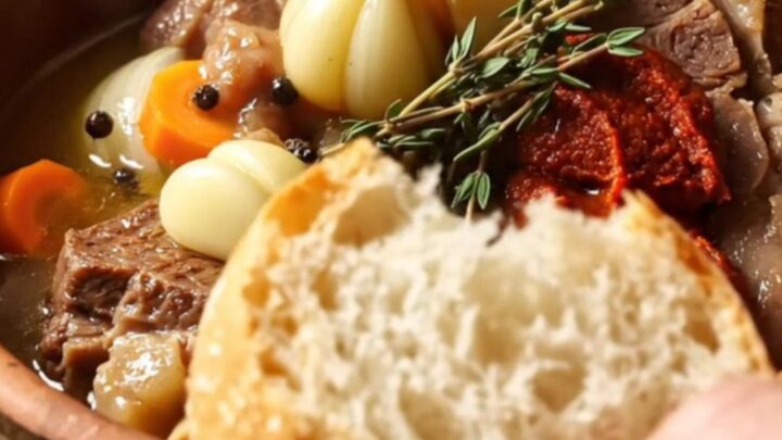 Slow-braised lamb neck stew in a terracotta dish, with garlic cloves and carrots in a glossy broth