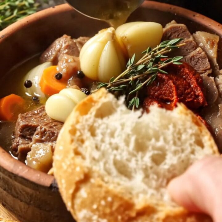 Slow-braised lamb neck stew in a terracotta dish, with garlic cloves and carrots in a glossy broth