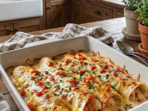 A white baking dish filled with golden-brown creamy queso chicken enchiladas garnished with fresh tomatoes.