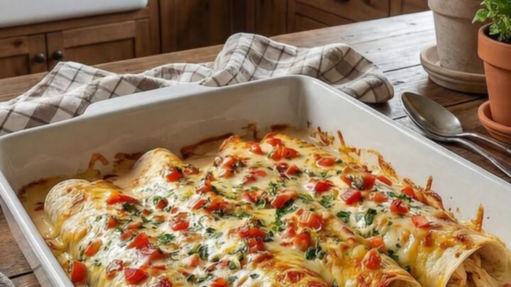 A white baking dish filled with golden-brown creamy queso chicken enchiladas garnished with fresh tomatoes.