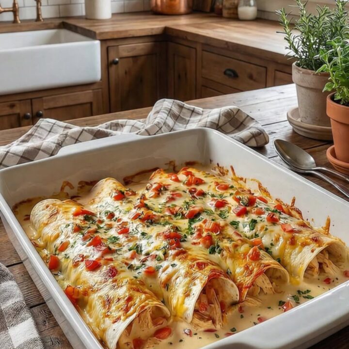 A white baking dish filled with golden-brown creamy queso chicken enchiladas garnished with fresh tomatoes.