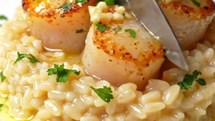 Pan-seared scallops with golden crust on creamy Parmesan risotto, garnished with parsley