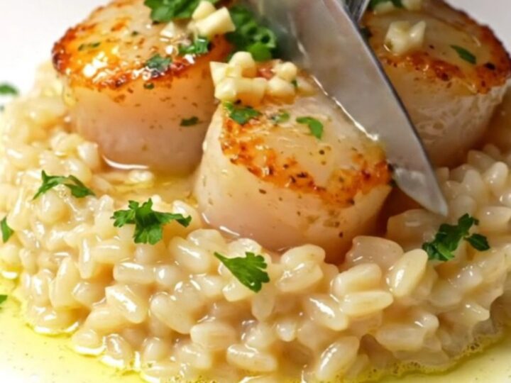 Pan-seared scallops with golden crust on creamy Parmesan risotto, garnished with parsley