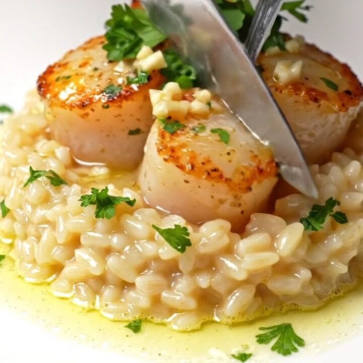 Pan-seared scallops with golden crust on creamy Parmesan risotto, garnished with parsley