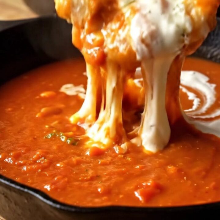 A bowl of roasted garlic tomato bisque with a grilled Gruyère sourdough dipper being dunked into the soup.