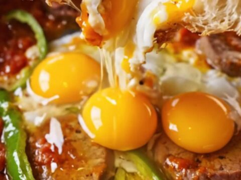 A copper pan of Turkish menemen with glossy egg yolks and spicy sucuk, ready to be scooped with torn bread
