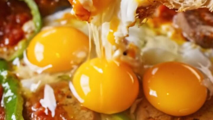 A copper pan of Turkish menemen with glossy egg yolks and spicy sucuk, ready to be scooped with torn bread