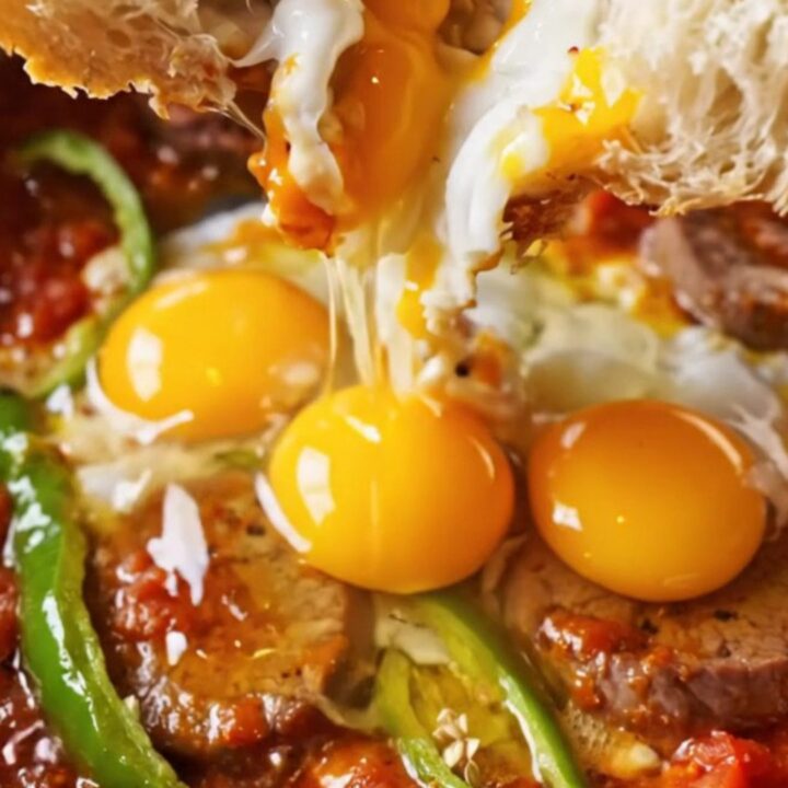 A copper pan of Turkish menemen with glossy egg yolks and spicy sucuk, ready to be scooped with torn bread