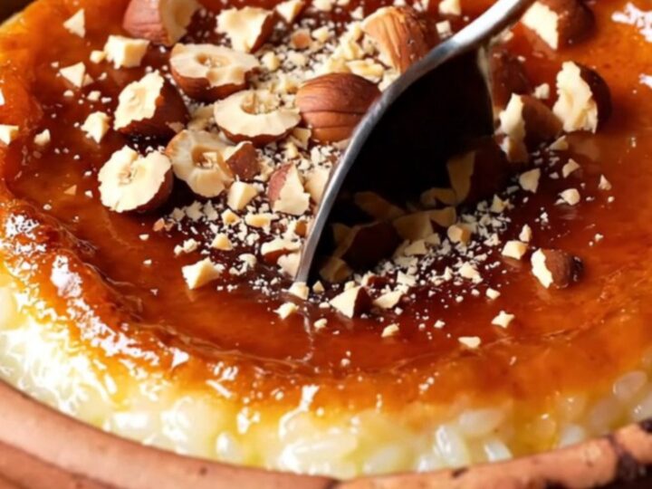 Caramelized Turkish baked rice pudding in a clay bowl with a blistered brown top and crushed hazelnuts