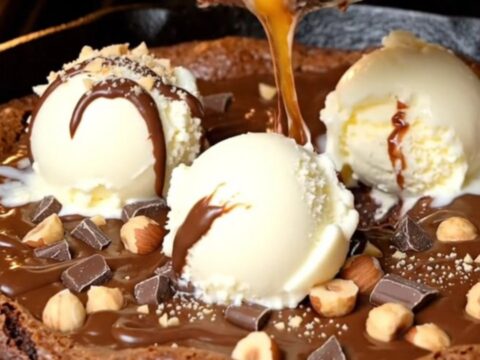 Warm skillet brownie with a molten hazelnut center and vanilla ice cream melting on top