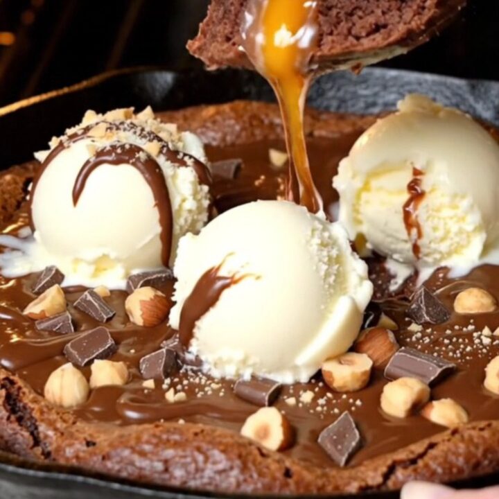 Warm skillet brownie with a molten hazelnut center and vanilla ice cream melting on top