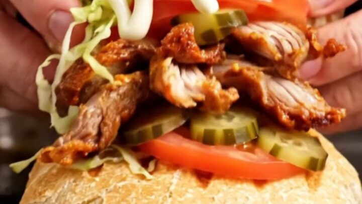 A Turkish chicken döner wrap with crispy chicken slices, lettuce, tomatoes, and pickles in toasted tombik bread