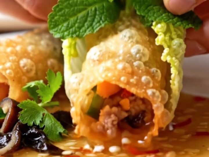 Crispy golden rice paper spring rolls arranged on a plate with a bowl of Nuoc Cham dipping sauce.