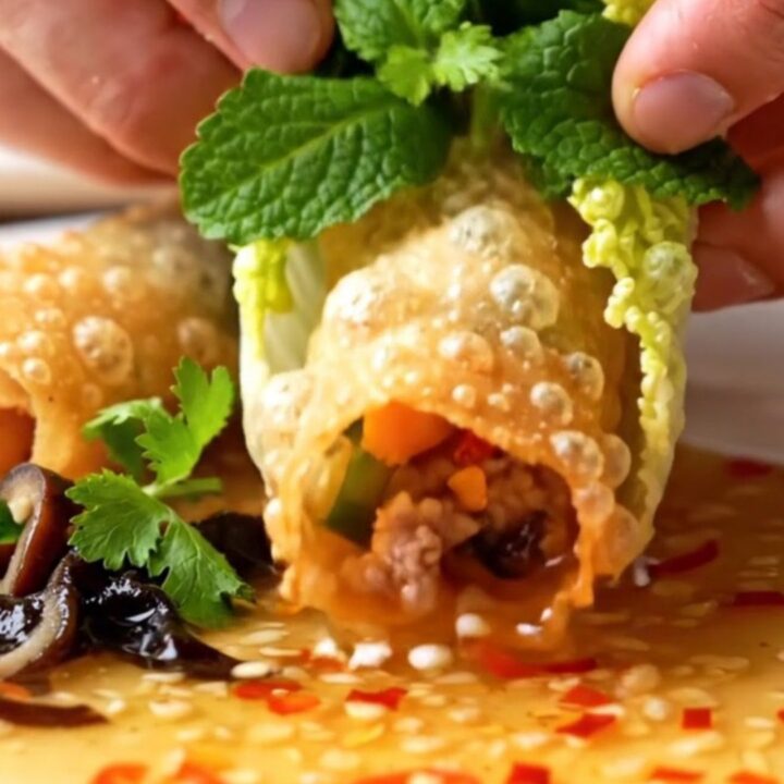 Crispy golden rice paper spring rolls arranged on a plate with a bowl of Nuoc Cham dipping sauce.