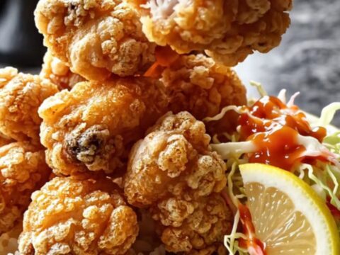 Crispy chicken karaage pieces on a rice bowl with spicy slaw and lemon wedge