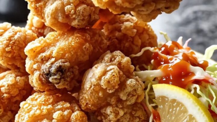 Crispy chicken karaage pieces on a rice bowl with spicy slaw and lemon wedge