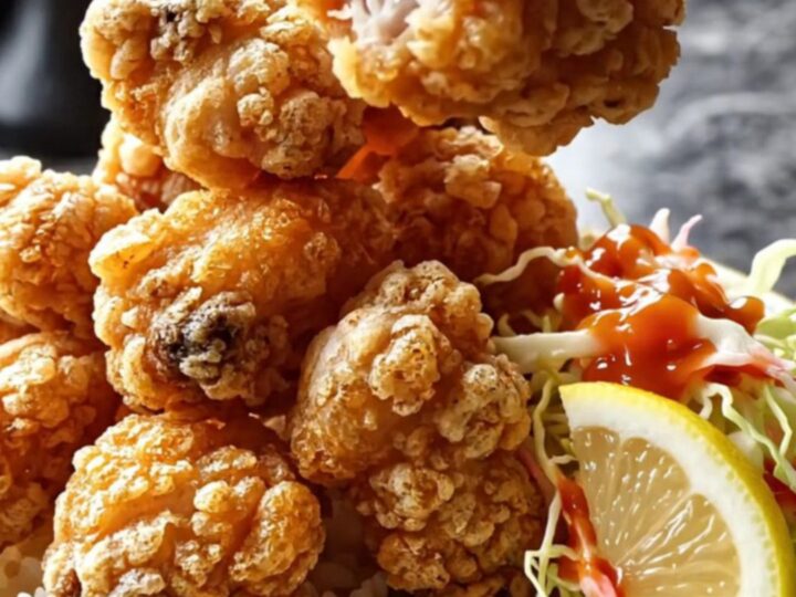 Crispy chicken karaage pieces on a rice bowl with spicy slaw and lemon wedge