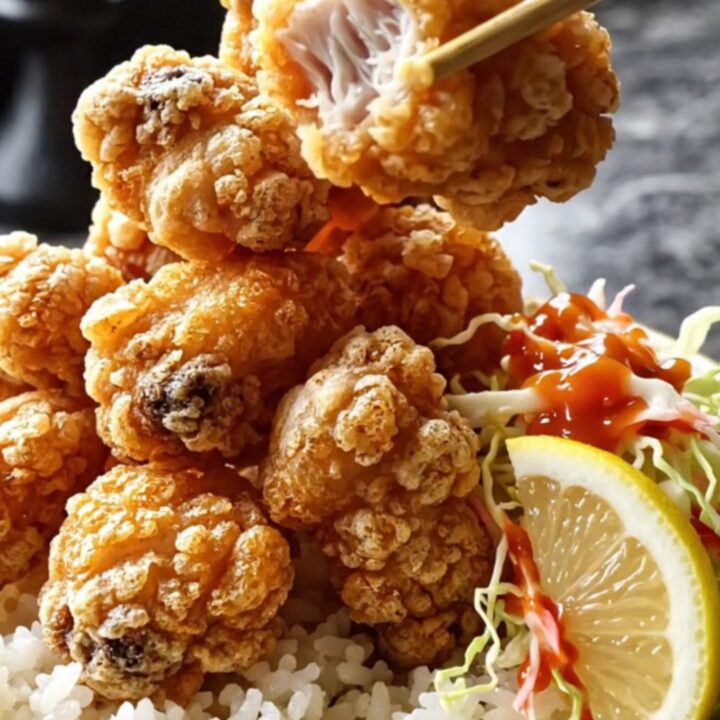 Crispy chicken karaage pieces on a rice bowl with spicy slaw and lemon wedge