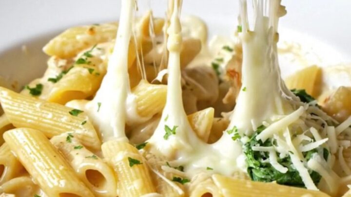 Skillet scoop lifting creamy Tuscan chicken pasta with melted mozzarella and sun-dried tomatoes