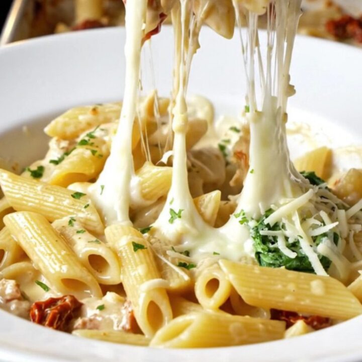 Skillet scoop lifting creamy Tuscan chicken pasta with melted mozzarella and sun-dried tomatoes