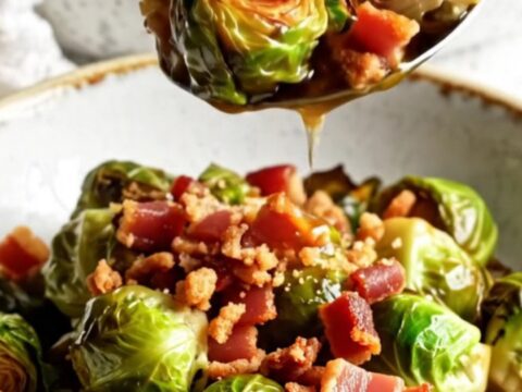 Crispy honey sriracha Brussels sprouts with bacon bits in a glossy glaze, served in a bowl