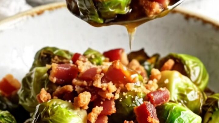 Crispy honey sriracha Brussels sprouts with bacon bits in a glossy glaze, served in a bowl