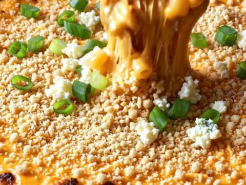 Loaded buffalo cauliflower mac and cheese in a cast-iron skillet with a golden panko topping and green onions
