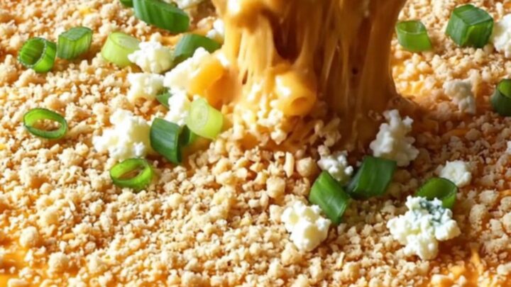 Loaded buffalo cauliflower mac and cheese in a cast-iron skillet with a golden panko topping and green onions