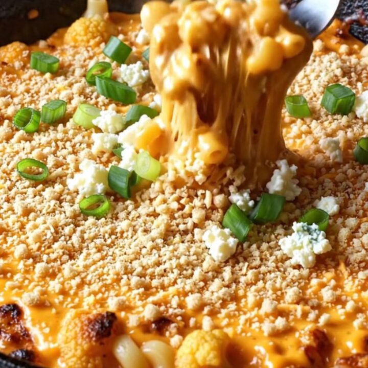 Loaded buffalo cauliflower mac and cheese in a cast-iron skillet with a golden panko topping and green onions