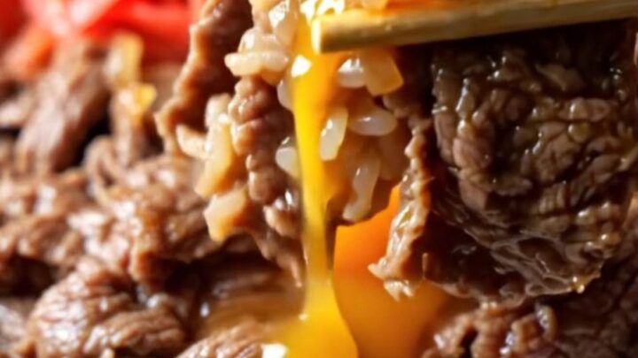 A bowl of gyudon with shaved beef, onions, and a soft-poached egg over rice.