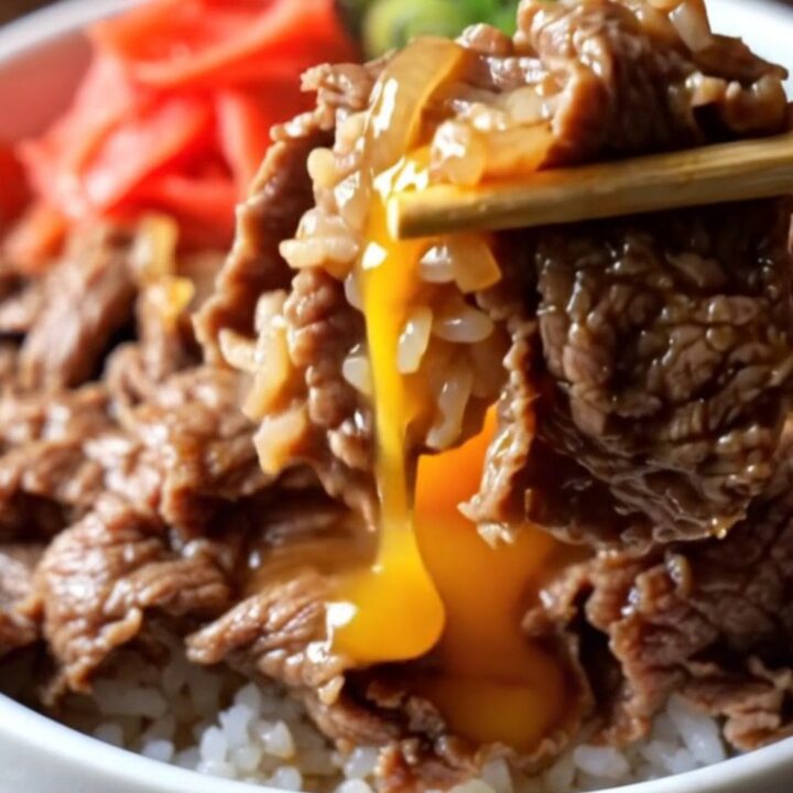 A bowl of gyudon with shaved beef, onions, and a soft-poached egg over rice.
