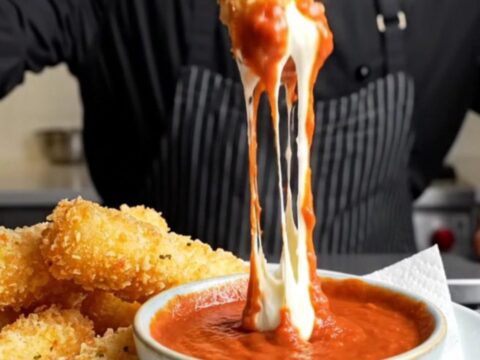 Crispy golden mozzarella sticks with a stretchy cheese pull, served with warm marinara sauce