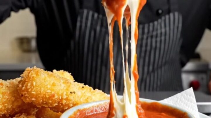 Crispy golden mozzarella sticks with a stretchy cheese pull, served with warm marinara sauce