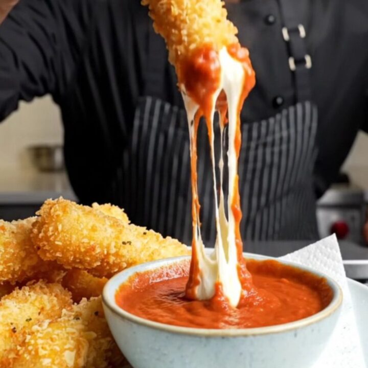 Crispy golden mozzarella sticks with a stretchy cheese pull, served with warm marinara sauce