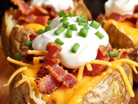 Crispy loaded potato skins topped with melted cheddar, bacon, sour cream, and chives on a baking sheet.
