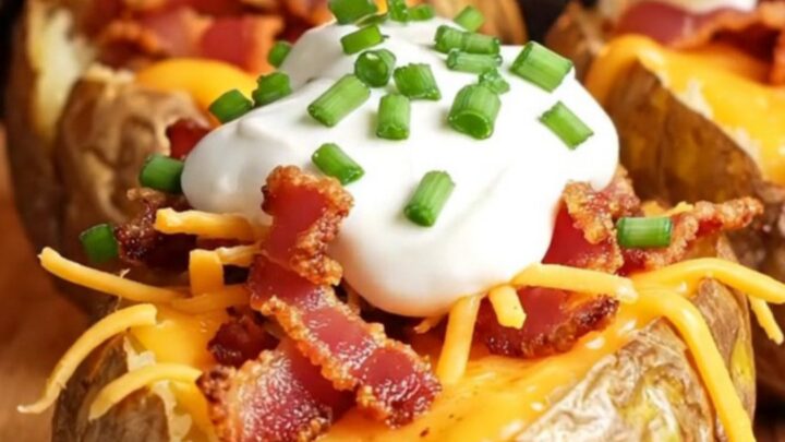 Crispy loaded potato skins topped with melted cheddar, bacon, sour cream, and chives on a baking sheet.