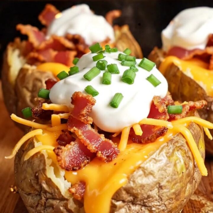 Crispy loaded potato skins topped with melted cheddar, bacon, sour cream, and chives on a baking sheet.
