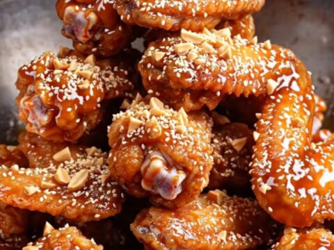 A pile of glossy gochujang-glazed chicken wings topped with crushed peanuts and sesame seeds on a dark plate.