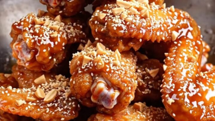 A pile of glossy gochujang-glazed chicken wings topped with crushed peanuts and sesame seeds on a dark plate.