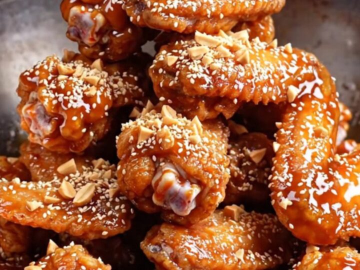 A pile of glossy gochujang-glazed chicken wings topped with crushed peanuts and sesame seeds on a dark plate.