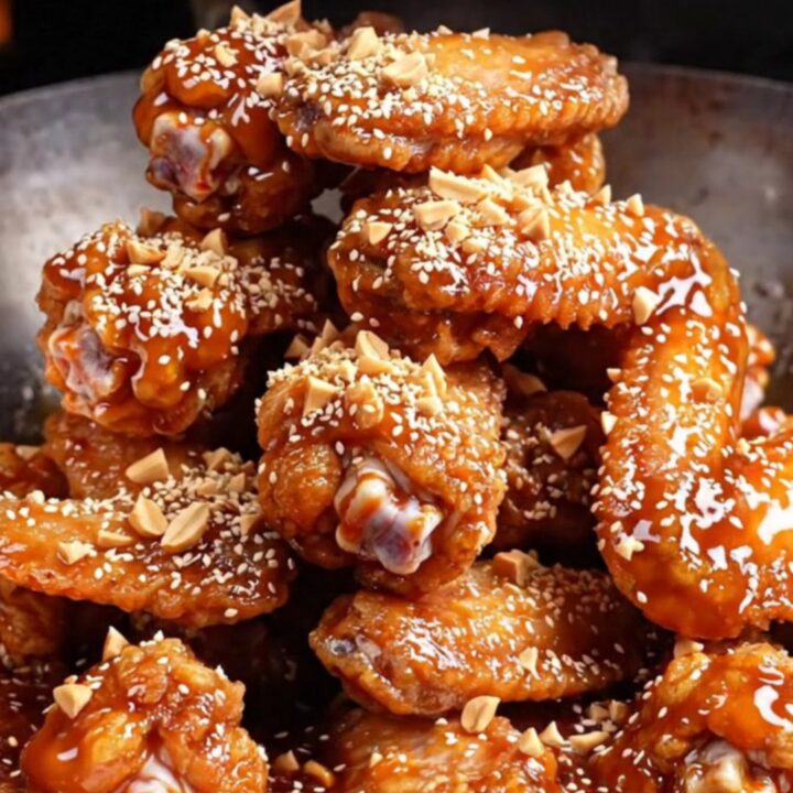 A pile of glossy gochujang-glazed chicken wings topped with crushed peanuts and sesame seeds on a dark plate.