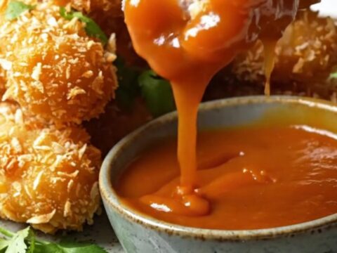 Golden crispy coconut crusted chicken tenders stacked on a platter with sweet chili sauce